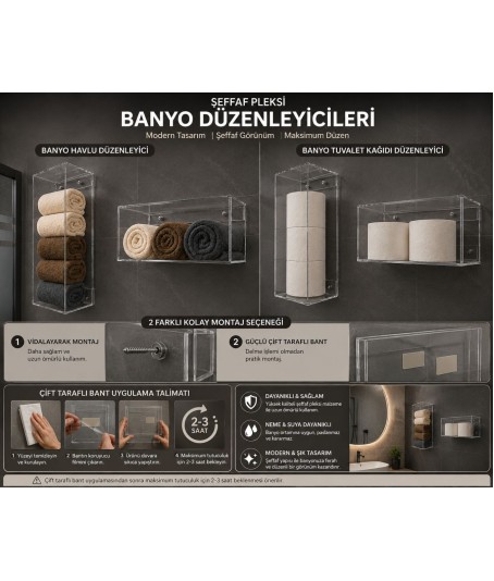Şeffaf Pleksi Banyo Düzenleyici – Modern Havlu & Tuvalet Kağıdı Organizeri