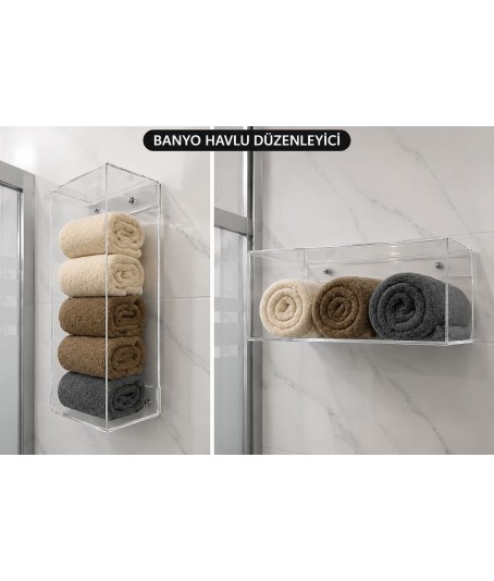 Şeffaf Pleksi Banyo Düzenleyici – Modern Havlu & Tuvalet Kağıdı Organizeri Şeffaf Pleksi Banyo Düzenleyici – Modern Havlu & Tuvalet Kağıdı Organizeri