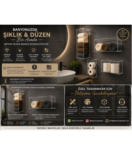 Şeffaf Pleksi Banyo Düzenleyici – Modern Havlu & Tuvalet Kağıdı Organizeri Şeffaf Pleksi Banyo Düzenleyici – Modern Havlu & Tuvalet Kağıdı Organizeri