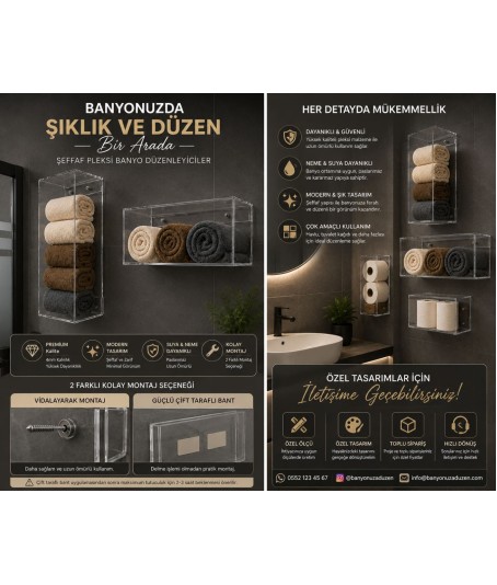 Şeffaf Pleksi Banyo Düzenleyici – Modern Havlu & Tuvalet Kağıdı Organizeri Şeffaf Pleksi Banyo Düzenleyici – Modern Havlu & Tuvalet Kağıdı Organizeri